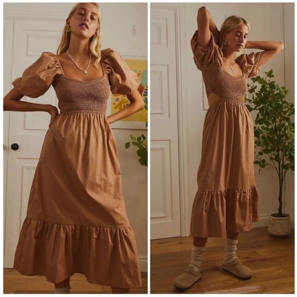 Faithfull The Brand Bloom Midi Dress Hazelnut NWT - Picture 1 of 8
